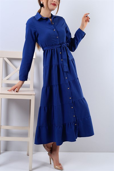 Boydan Düğmeli Saks Mavisi Elbise 17295B