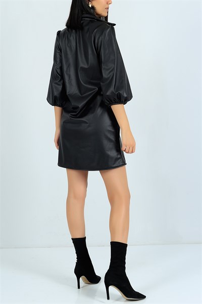 Boydan Düğmeli Siyah Deri Gömlek Elbise 24013B