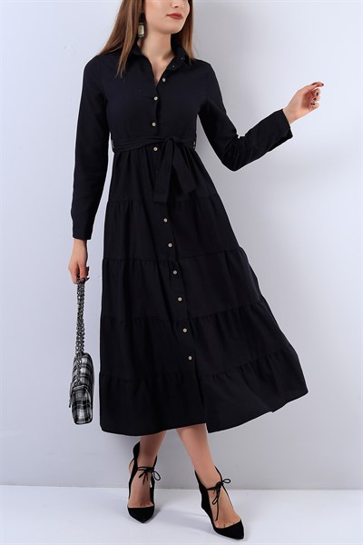 Boydan Düğmeli Siyah Elbise 17290B