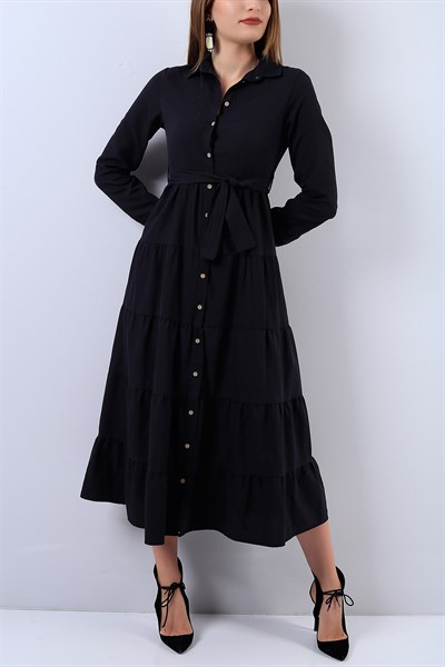 Boydan Düğmeli Siyah Elbise 17290B