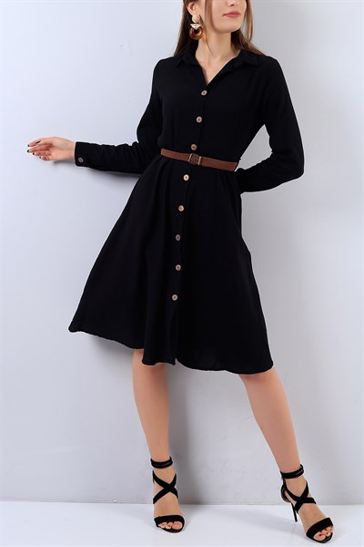 Boydan Düğmeli Siyah Elbise 18142B
