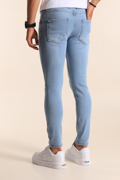 Buz Mavi Skinny Fit Likralı Taşlama Detaylı Erkek Kot Pantolon 194707