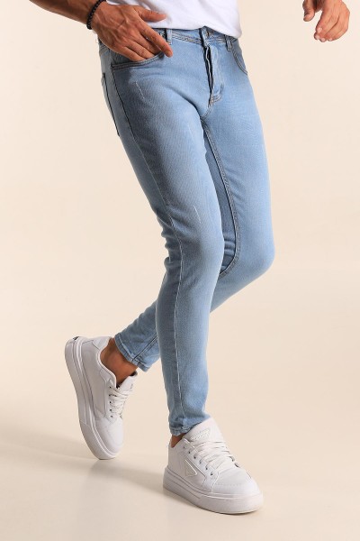 Buz Mavi Skinny Fit Likralı Taşlama Detaylı Erkek Kot Pantolon 194707