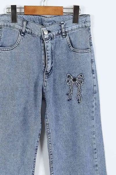 Buz Mavisi (5-10 Yaş)Boncuklu Fiyonk Nakışlı Kız Çocuk Kot Pantolon 415238