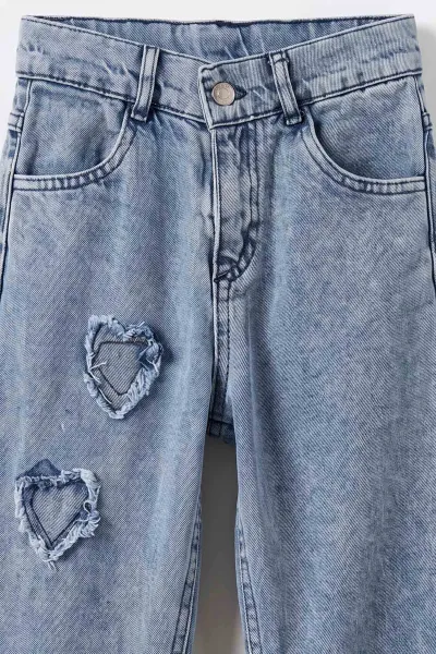 Buz Mavisi (5-12 Yaş) Kalp Nakışlı Kız Çocuk Kot Pantolon 490829