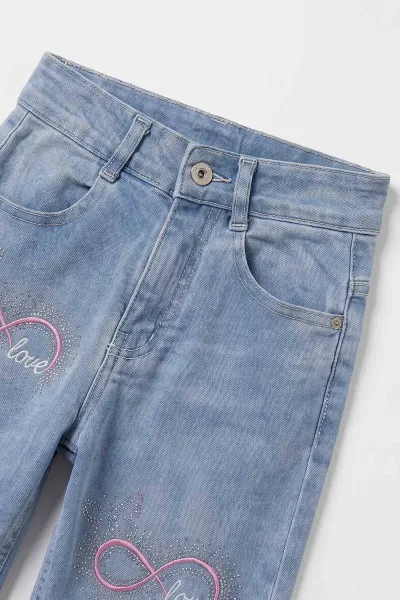 Buz Mavisi (5-12 Yaş) Love Taş Baskılı Kız Çocuk Kot Pantolon 500700