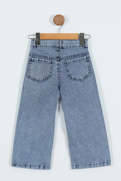 Buz Mavisi (6-10 Yaş) Lazer Kesim Yıldız Nakışlı Kız Çocuk Kot Pantolon 339891
