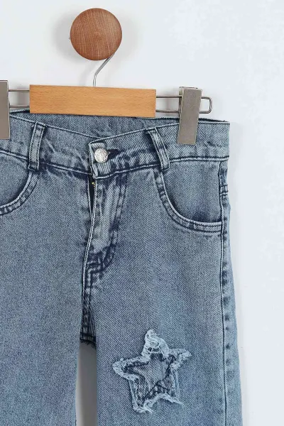Buz Mavisi (6-10 Yaş) Lazer Kesim Yıldız Nakışlı Kız Çocuk Kot Pantolon 352586