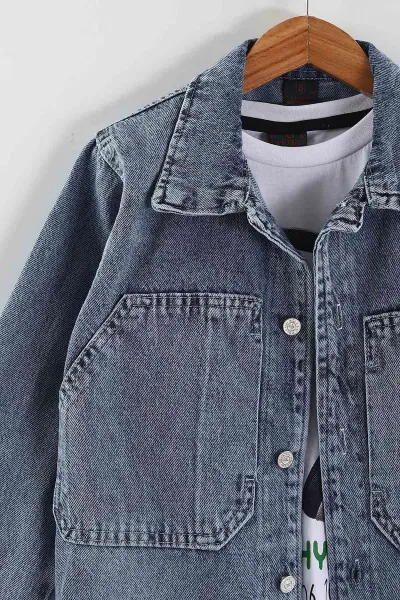 Buz Mavisi (6-10 Yaş)Cep Detaylı Kot Ceketli Tişörtlü Erkek Çocuk 2'li Takım 440835