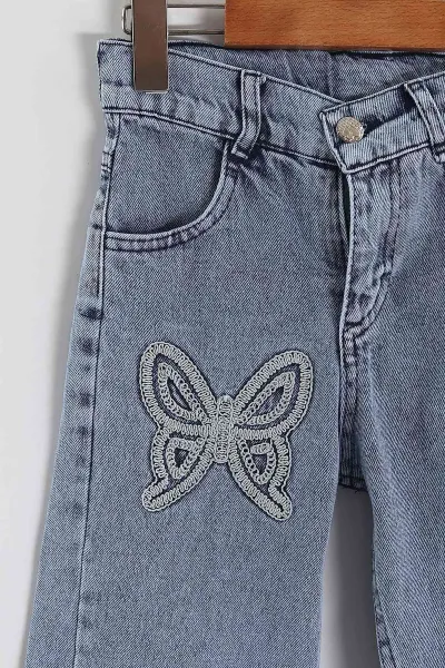 Buz Mavisi (6-12 Yaş)Kelebek Nakışlı Bol Paça Kız Çocuk Kot Pantolon 455373
