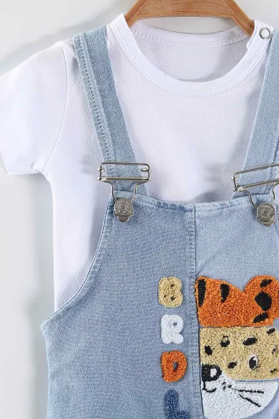 Buz Mavisi (6-24 Ay) Süzene Nakışlı   Ayarlanabilir Askılı Tişörtlü Kız Bebek Kot Tulum 445423