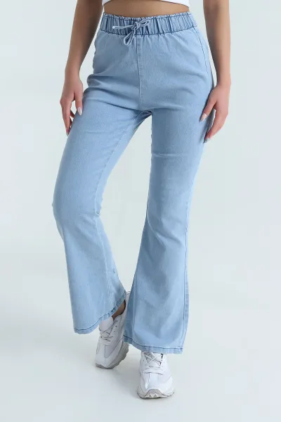 Buz Mavisi Beli Lastikli İspanyol Kadın Kot Pantolon 467890
