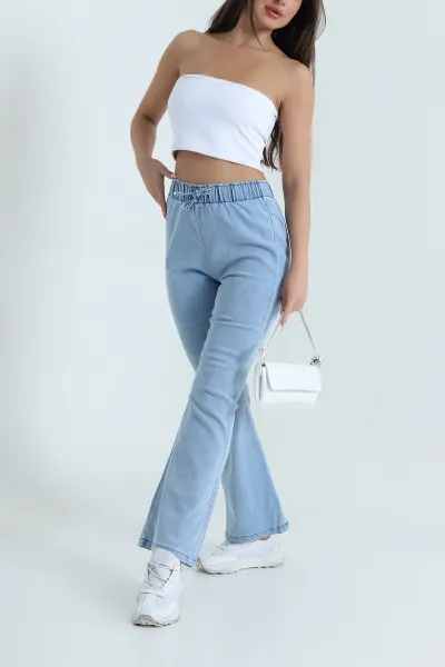 Buz Mavisi Beli Lastikli İspanyol Kadın Kot Pantolon 467890
