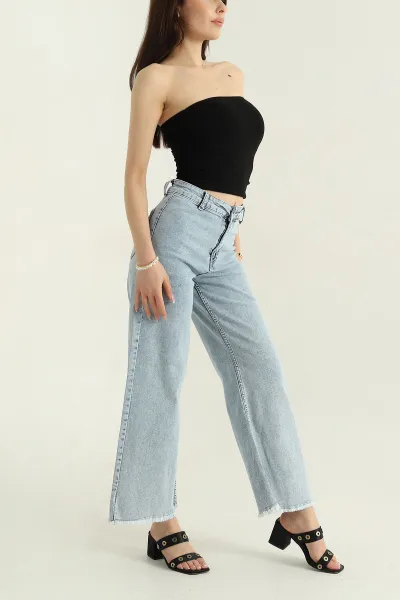 Buz Mavisi Boru Paça Lazer Kesim Yüksek Bel Kadın Kot Pantolon 369823