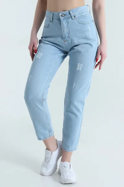 Buz Mavisi Lazer Kesim Mom Kadın Kot Pantolon 445168