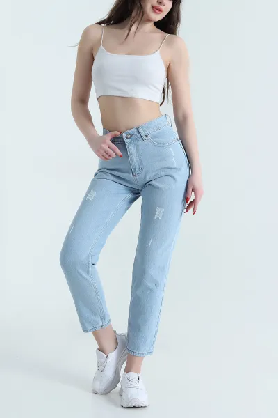 Buz Mavisi Lazer Kesim Mom Kadın Kot Pantolon 445168