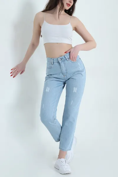 Buz Mavisi Lazer Kesim Mom Kadın Kot Pantolon 445168