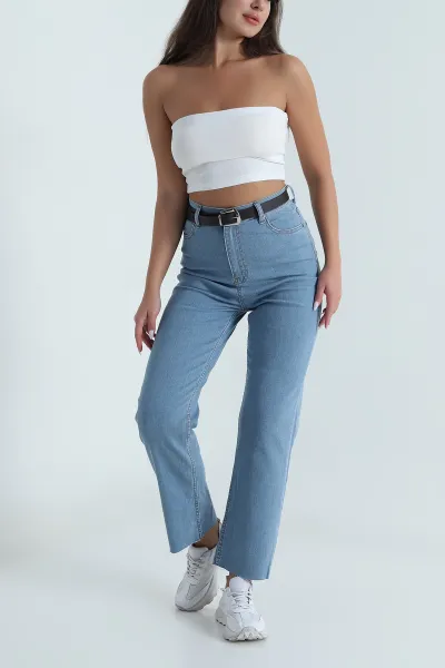 Buz Mavisi Lİkralı Kemerli Boyfit Kadın Kot Pantolon 489579