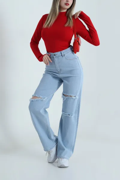 Buz Mavisi Likralı Lazer Kesim Kadın Kot Pantolon 487466