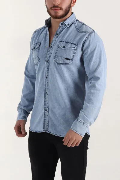 buz-mavisi-regular-fit-cift-cep-detayli-yikamali-erkek-kot-gomlek-397961