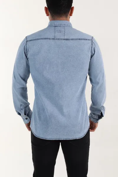 Buz Mavisi Regular Fit Çift Cep Detaylı Yıkamalı Erkek Kot Gömlek 397961