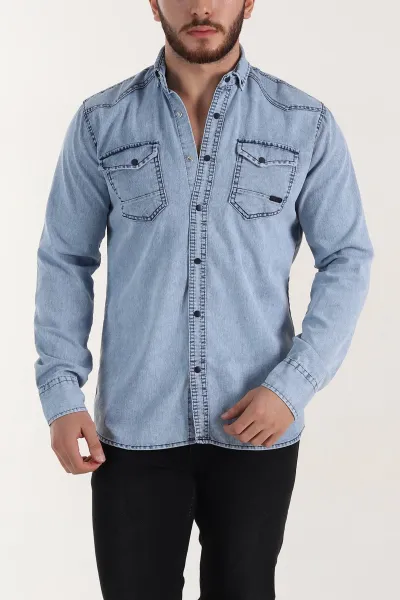 Buz Mavisi Regular Fit Çift Cep Detaylı Yıkamalı Erkek Kot Gömlek 397961