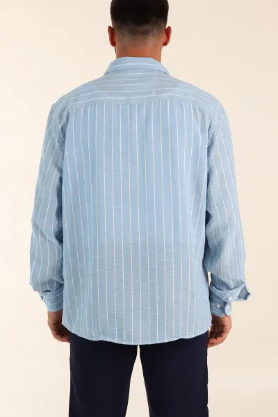 Buz Mavisi Relaxed Fit Keten Ata Yaka Çizgili Erkek Gömlek 376952