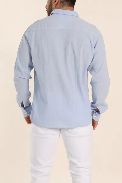 Buz Mavisi Relaxed Fit Keten Ata Yaka Erkek Gömlek 339161