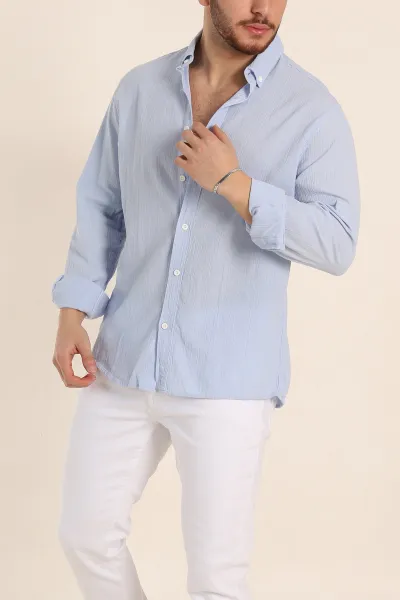 Buz Mavisi Relaxed Fit Keten Ata Yaka Erkek Gömlek 339161