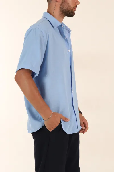 Buz Mavisi Relaxed Fit Keten Kısa Kollu Erkek Gömlek 376968