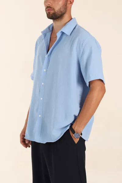 buz-mavisi-relaxed-fit-keten-kisa-kollu-erkek-gomlek-376968