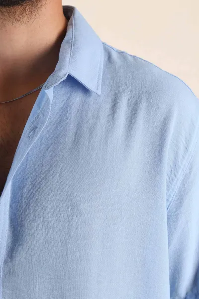 Buz Mavisi Relaxed Fit Keten Kısa Kollu Erkek Gömlek 376968