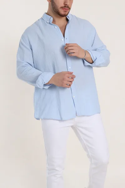 buz-mavisi-relaxed-fit-muslin-keten-ata-yaka-erkek-gomlek-339150
