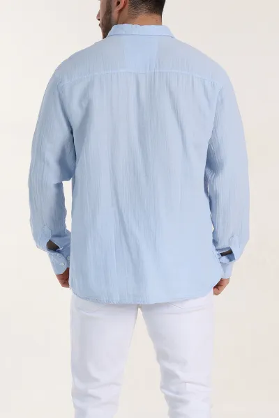 Buz Mavisi Relaxed Fit Müslin Keten Ata Yaka Erkek Gömlek 339150