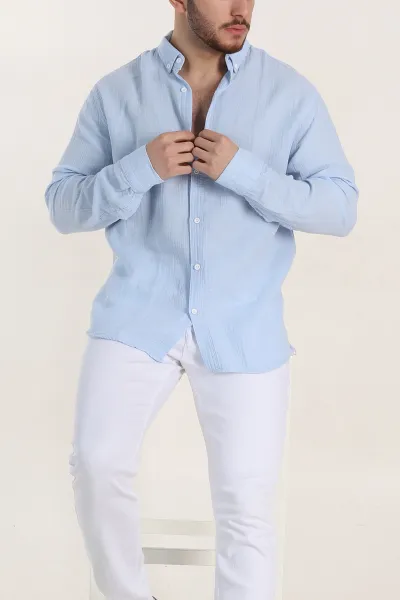 Buz Mavisi Relaxed Fit Müslin Keten Ata Yaka Erkek Gömlek 339150