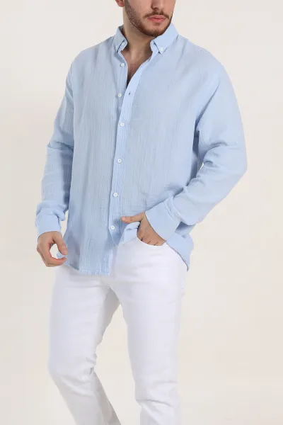 Buz Mavisi Relaxed Fit Müslin Keten Ata Yaka Erkek Gömlek 339150