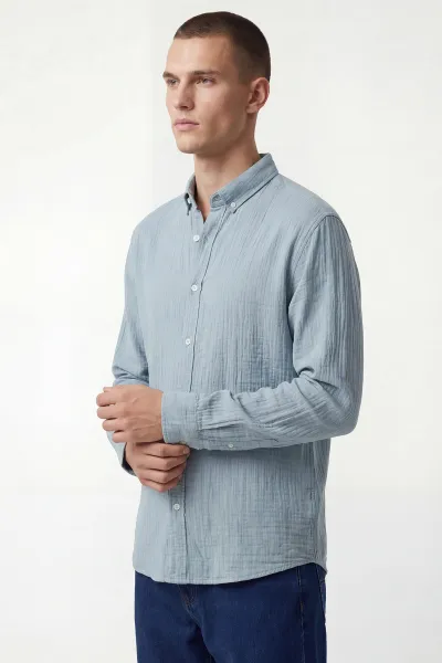 Buz Mavisi Relaxed Fit Müslin Keten Ata Yaka Erkek Gömlek 435743
