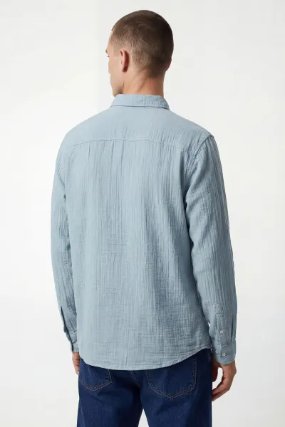 Buz Mavisi Relaxed Fit Müslin Keten Ata Yaka Erkek Gömlek 435743