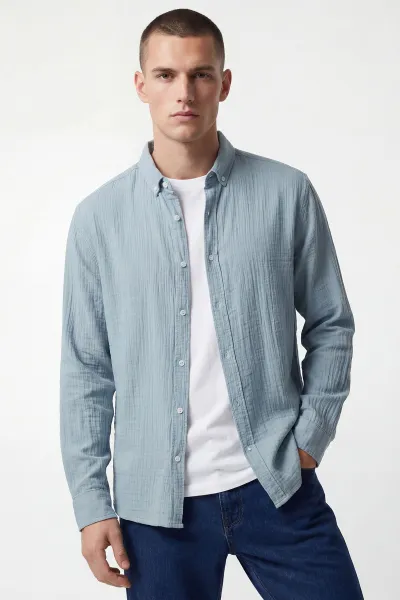 Buz Mavisi Relaxed Fit Müslin Keten Ata Yaka Erkek Gömlek 435743