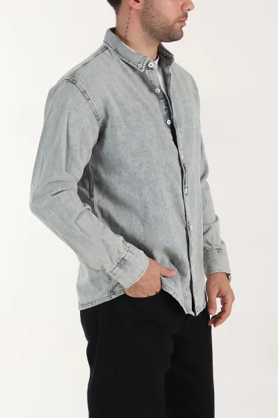 Buz Mavisi Relaxed Fit Yıkamalı Erkek Kot Gömlek 399955