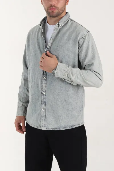 Buz Mavisi Relaxed Fit Yıkamalı Erkek Kot Gömlek 399955