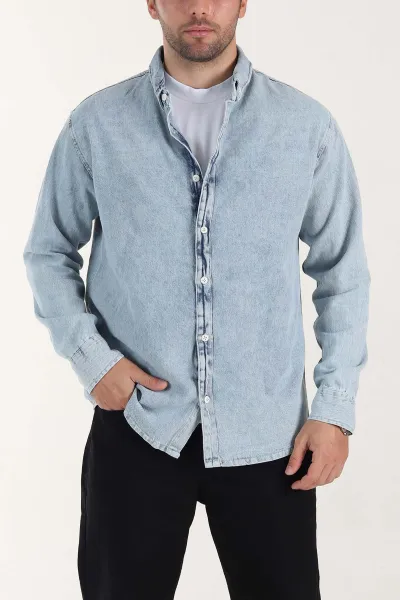 buz-mavisi-relaxed-fit-yikamali-erkek-kot-gomlek-399960