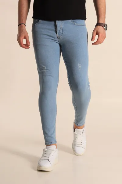 Buz Mavisi Slim Fit Likralı Taşlama Detaylı Erkek Kot Pantolon 266231