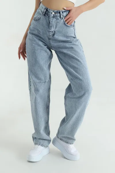 Buz Mavisi Tokalı Cepli Baggy Kadın Kot Pantolon 375575
