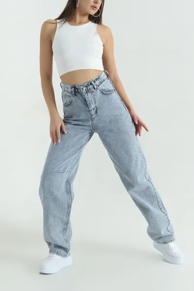 Buz Mavisi Tokalı Cepli Baggy Kadın Kot Pantolon 375575
