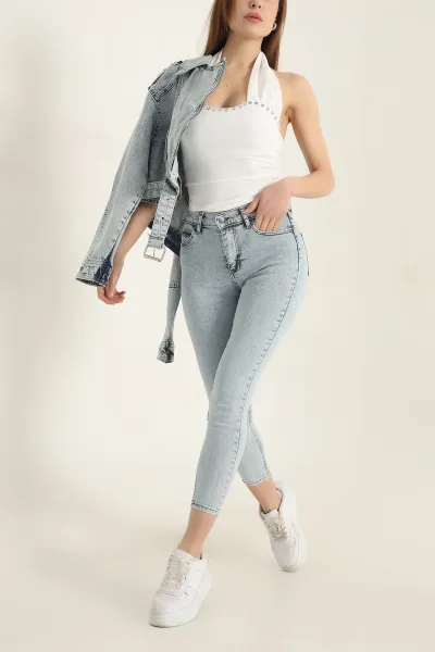Buz Mavisi Yüksek Bel Likralı Bayan Kot Pantolon 337724