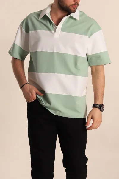 Çağla Yeşili Beyaz Geniş Çizgili Oversize İki İp Polo Yaka Erkek Tişört 268915