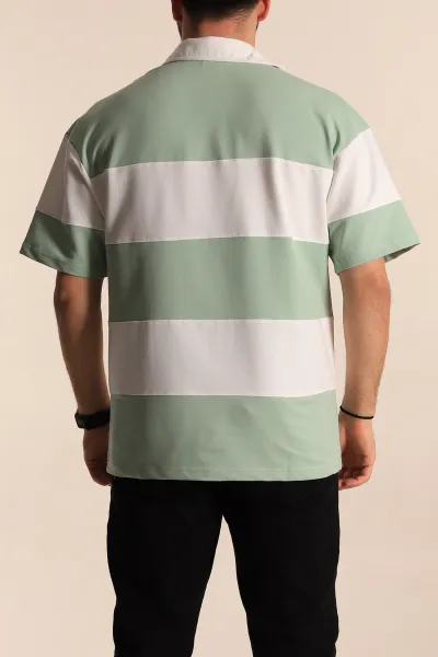 Çağla Yeşili Beyaz Geniş Çizgili Oversize İki İp Polo Yaka Erkek Tişört 268915