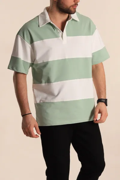 Çağla Yeşili Beyaz Geniş Çizgili Oversize İki İp Polo Yaka Erkek Tişört 268915