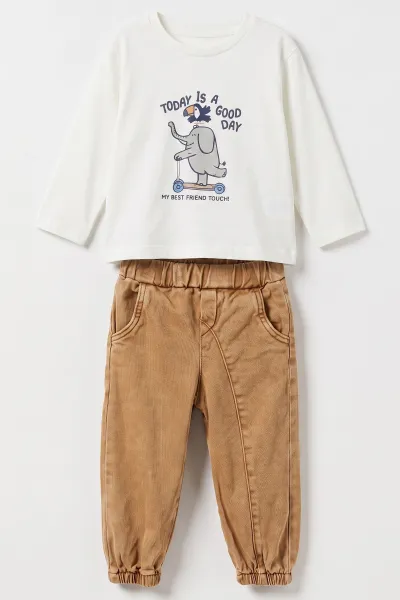 Camel (2-5 Yaş)Kapüşonlu Çıtçıt Düğmeli Gabardin Ceket Pantolonlu Erkek Çocuk 3'lü Takım 477974